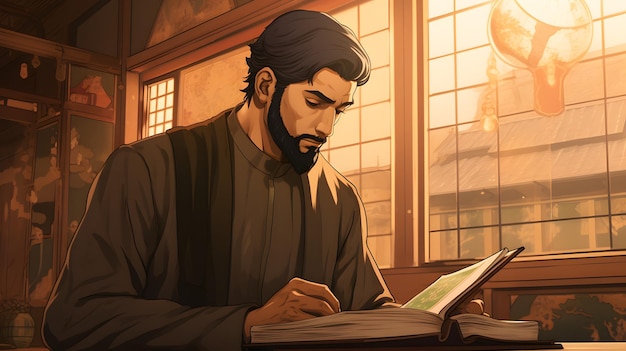 homem muçulmano dos desenhos animados leu livro ou Alcorão