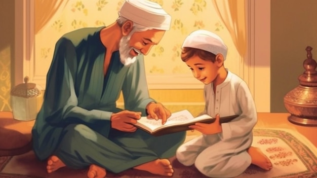 Foto homem muçulmano esclarecendo seu filho sobre o significado do patrimônio cultural