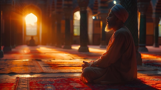 Homem muçulmano meditando na mesquita ao pôr-do-sol