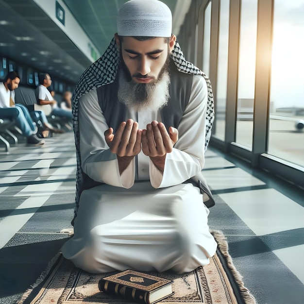 Homem muçulmano orando em um tapete tradicional em um terminal de aeroporto moderno ao nascer do sol