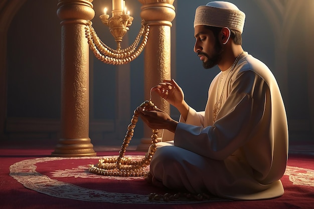 Homem muçulmano religioso orando com contas de rosário