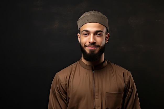 homem muçulmano sorridente vestindo kufi