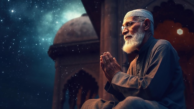 homem muçulmano velho orando em uma mesquita com estrela e crescente lua lua noite generativa ai