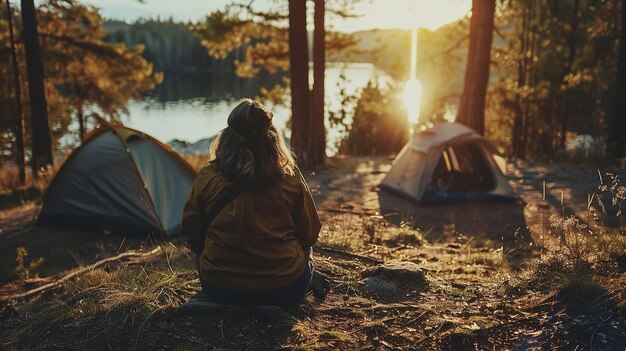 Foto homem mulher casal acampamento familiar na natureza com tendas e fogueira