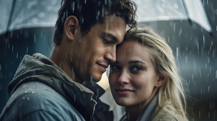Foto homem mulher casal amor verão pessoas namorada beijo encontro chuva relacionamento prazer ia generativa