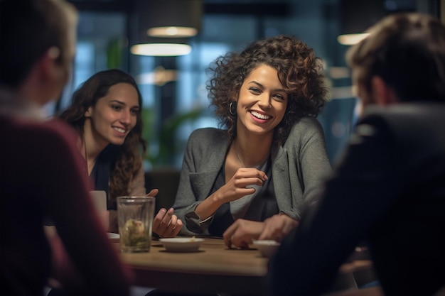 Homem mulher falando reunião café americano grupo de amizade africano feliz sentado amigo Generative AI