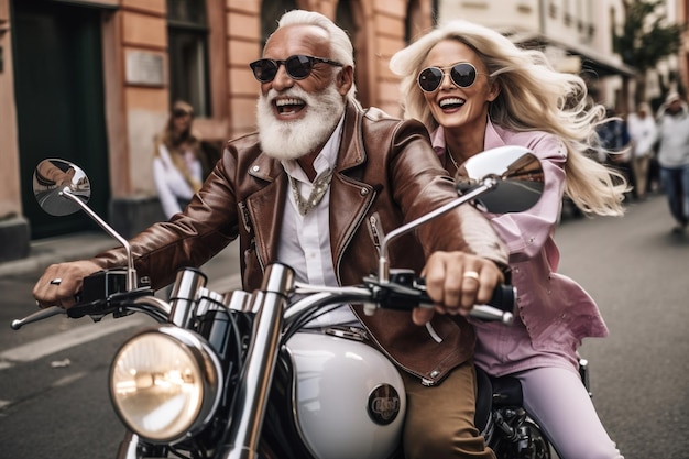 Foto homem mulher motocicleta moto bonita sorriso velho diversão bege viagem alegre amizade ia generativa