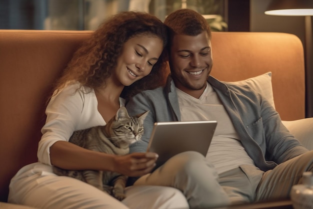 Homem mulher quarto estilo de vida pessoas tecnologia tablet casal feliz juntos sorriso alegre IA generativa