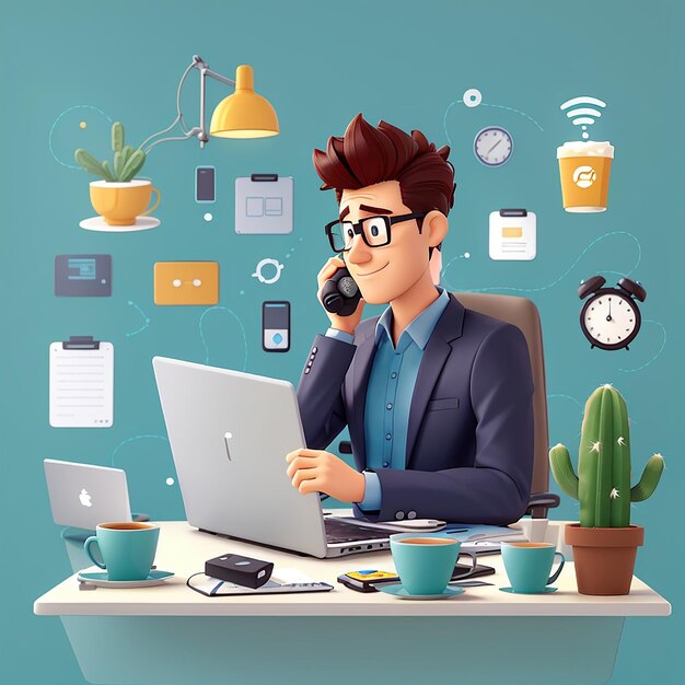 Homem multitarefa Ícone vetorial Ilustração Homem e laptop Café Telefone Microfone Ícone de escritório Conceito Branco Isolado Estilo de desenho animado plano adequado para página de destino da Web Banner Sticker fundo