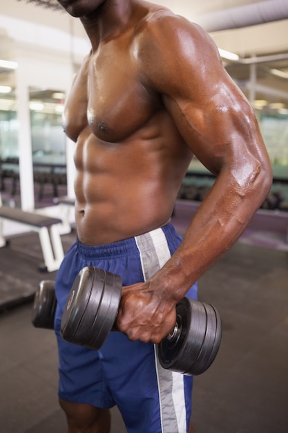 Homem muscular exercitando com dumbbells na academia