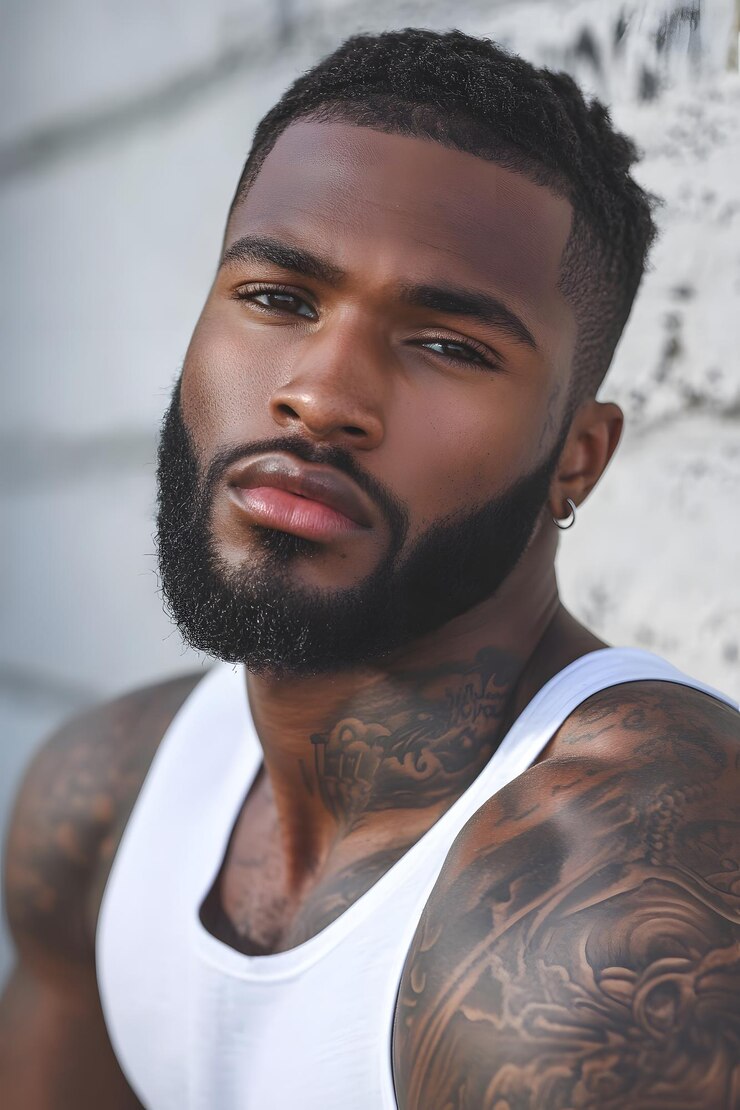 Foto homem musculoso com tatuagens expressa confiança contra um fundo texturizado