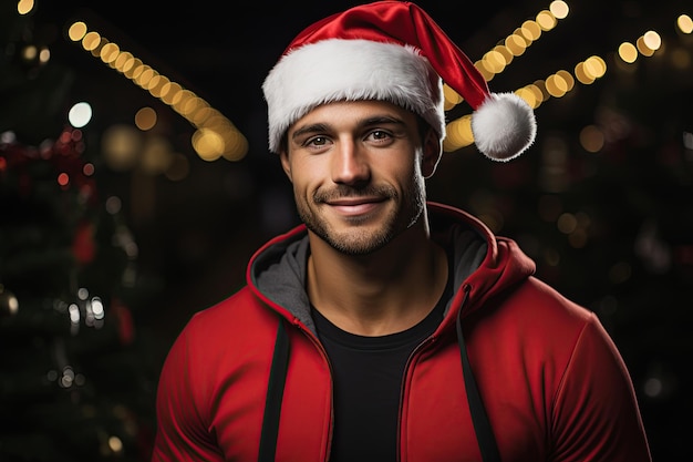 homem musculoso com um chapéu vermelho de Papai Noel banner de cartão de Natal e ano novo