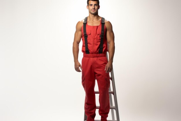 Foto homem musculoso de uniforme vermelho de pé na escada