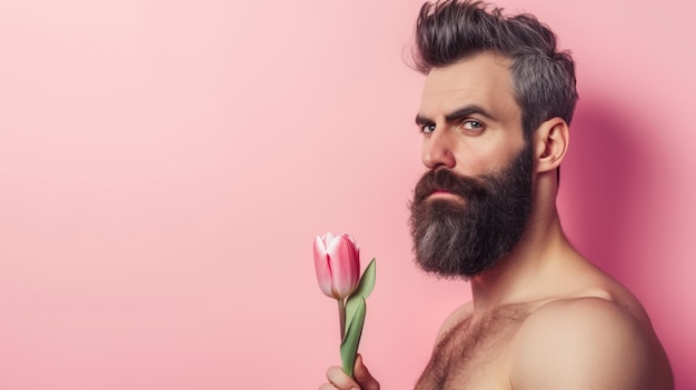 Homem musculoso e barbudo com uma delicada tulipa em fundo rosa