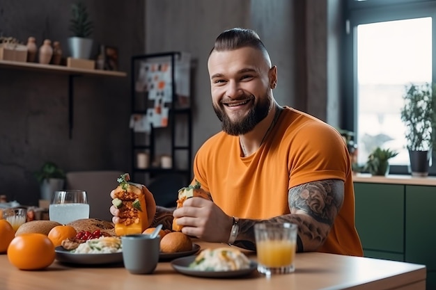 Homem musculoso e sorridente se prepara para tomar café da manhã Ai gerado