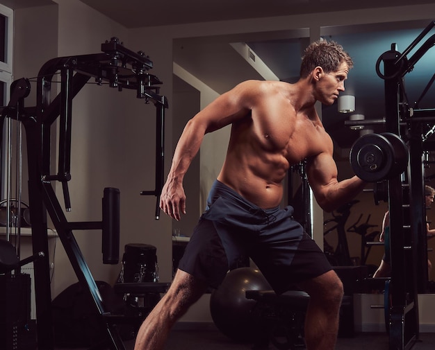 Homem musculoso fisiculturista fazendo exercícios em um bíceps com halteres no ginásio.