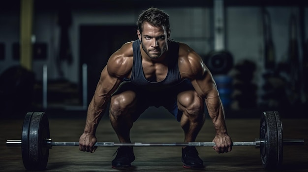 Homem musculoso se preparando para fazer levantamento terra