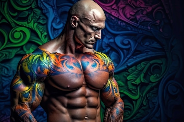 Homem musculoso sem camisa com pele pintada com cores holi geradas por ai