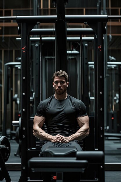 Foto homem musculoso sentado em uma máquina de ginástica exalando força e determinação em um ambiente de fitness moderno