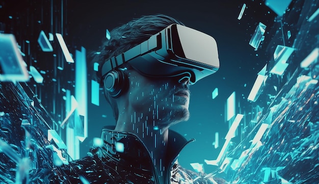 Homem na luz neon em óculos virtuais VRGenerative AI