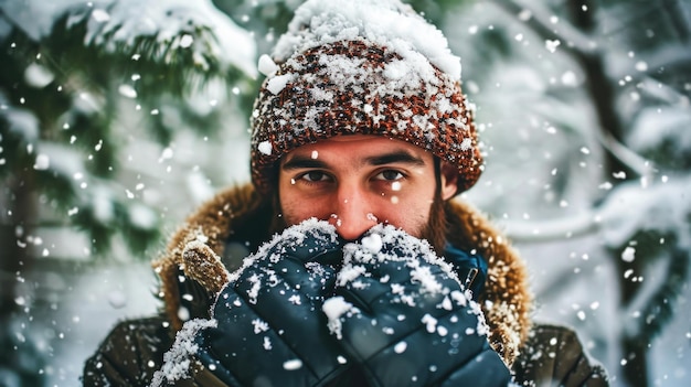 Homem na neve com chapéu e luvas