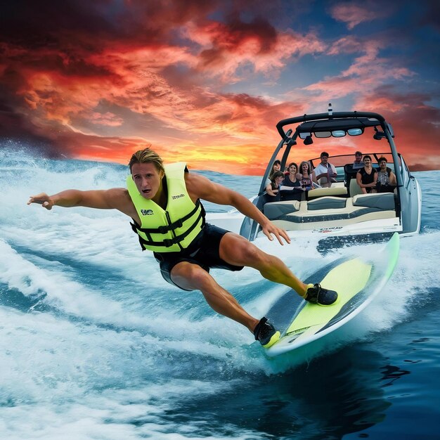 Homem na onda de wakesurf do barco