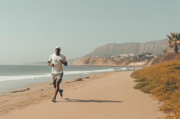 Homem na praia a correr de roupa de atividade