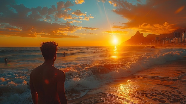homem na praia do Rio