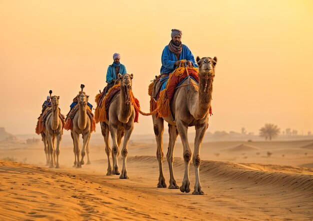 Foto homem não identificado montando camelos no deserto ao pôr-do-sol