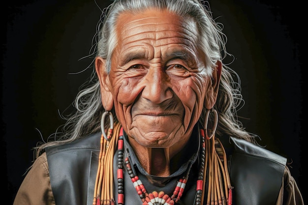 Foto homem nativo americano saudável e bonito, na casa dos oitenta anos, sorrindo expressando positividade calorosa