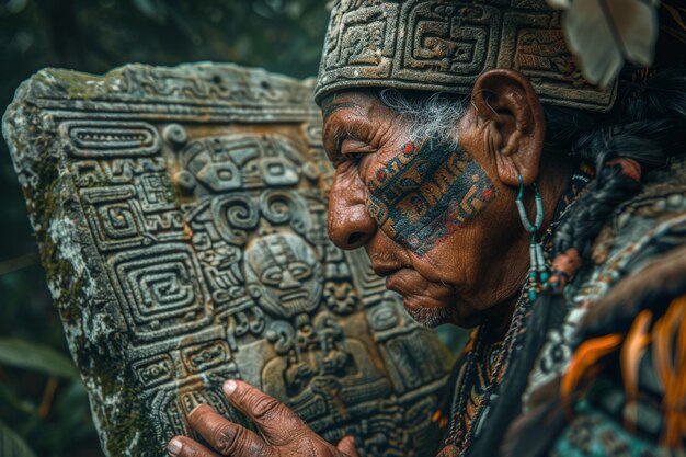 Foto homem nativo americano segurando uma pedra