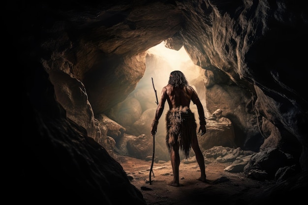 Homem neandertal pré-histórico na caverna generative ai