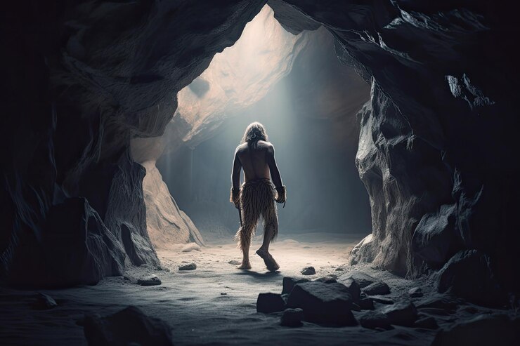 Foto homem neandertal pré-histórico na caverna generative ai