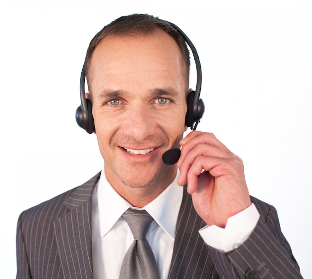 Homem negócios, com, um, headset, ligado, falando