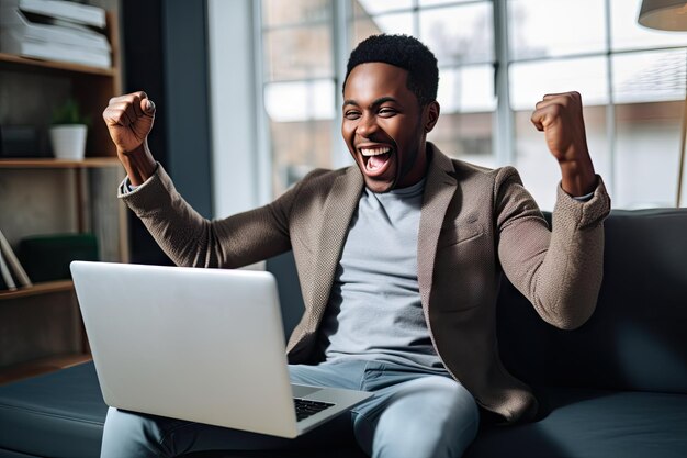 Homem negro afro-americano comemorando algo laptop ganhando uma aposta ganhando dinheiro online