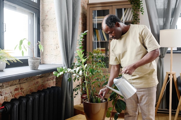 Homem negro aposentado em casa usa planta molhando e soltando solo em vaso de flores