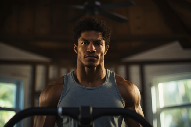 Homem negro atlético se exercitando com equipamentos de fitness