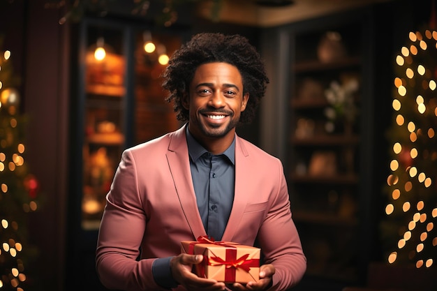 homem negro bonito segura uma caixa com um presente de Natal nas mãos