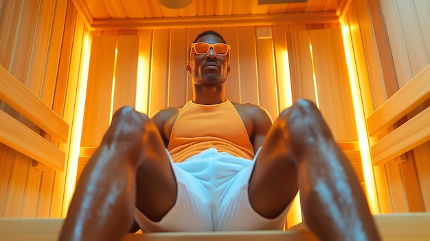 Homem negro brutal relaxando em um banco de madeira na sauna infravermelha Experiência de sauna revigorante