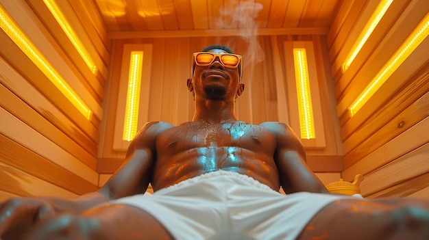 Homem negro brutal relaxando em um banco de madeira na sauna infravermelha Experiência de sauna revigorante