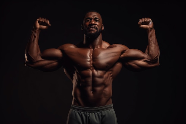 Foto homem negro em fundo escuro e isolado mostrando seu bíceps homem bombeado sem camiseta