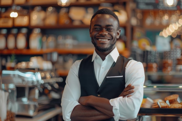 Homem negro feliz com um tablet num café.