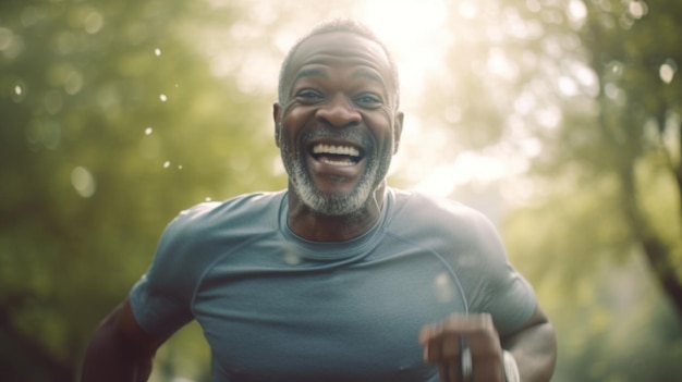 Homem negro feliz correndo no parque com música Sorrisos e simulações no parque natural