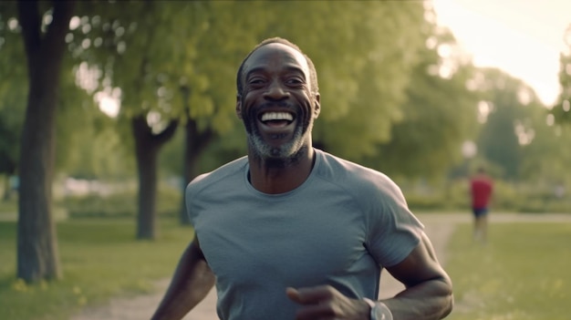 Homem negro feliz correndo no parque com música Sorrisos e simulações no parque natural