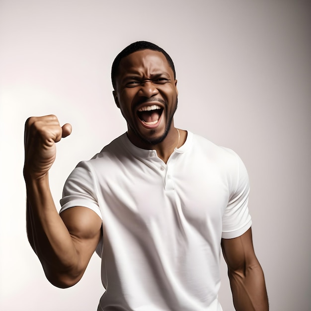 Homem negro feliz punho no ar para a vitória