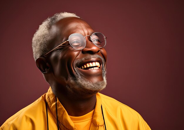 Foto homem negro sênior feliz com óculos e uma camisa amarela em fundo castanho