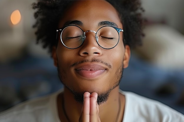 Homem negro sereno com óculos praticando ioga e meditação