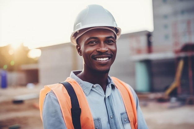 Homem negro usando capacete e colete laranja fica em frente a um prédio Dia do trabalho