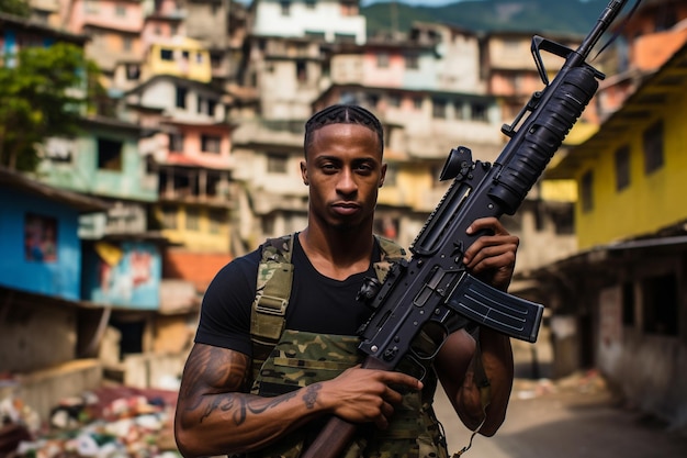 Foto homem negro vestindo uniforme militar segurando um rifle favela desfocada no fundo ia generativa