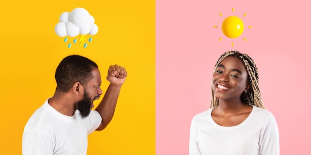 Homem negro zangado de humor diferente e jovem feliz sobre fundos coloridos